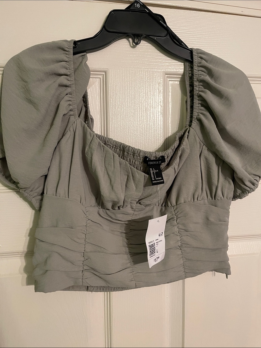 Forever 21 Light Sage Puff Sleeve Ruched Crop Top